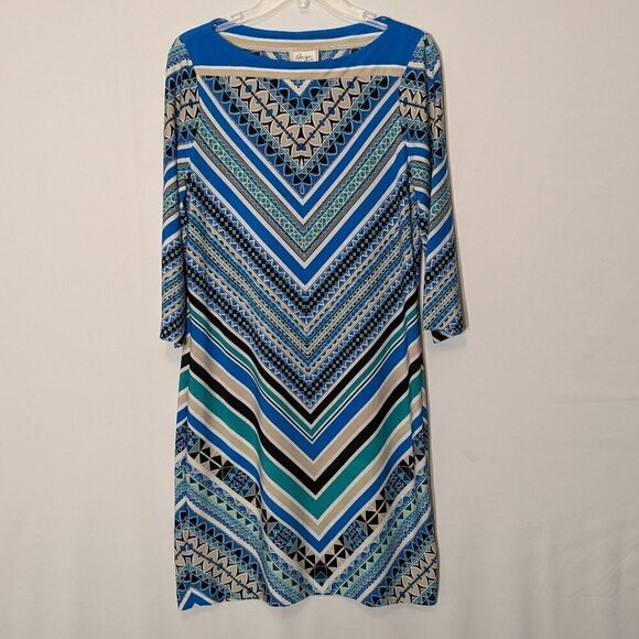 Women's "BEIGE by eci" Blue/Beige Striped Chevron Jersey Sheath Dress; Size 6 - Picture 1 of 4